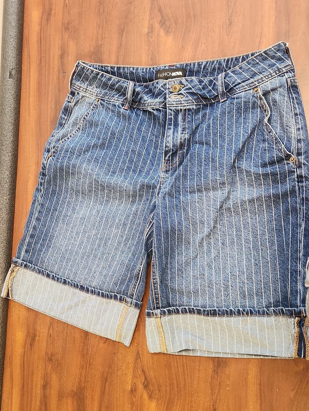 Fashion Nova Blue Pinstripe Cuffed Denim Jorts